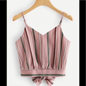 Vertical stripe blouse with tie & button on back